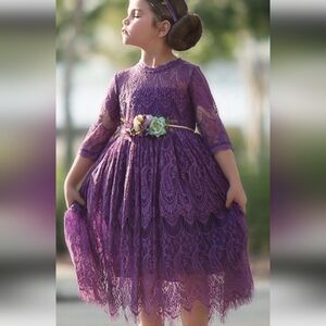 NWT Trish Scully Child Girls Purple Lace Dress with Floral Belt Size 3